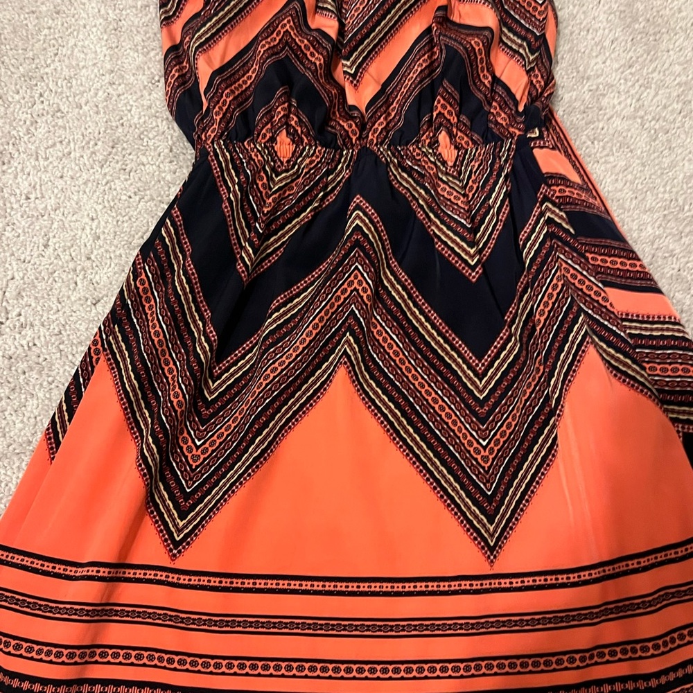 Coral And Navy Express Strapless Patterned Dress - image 1